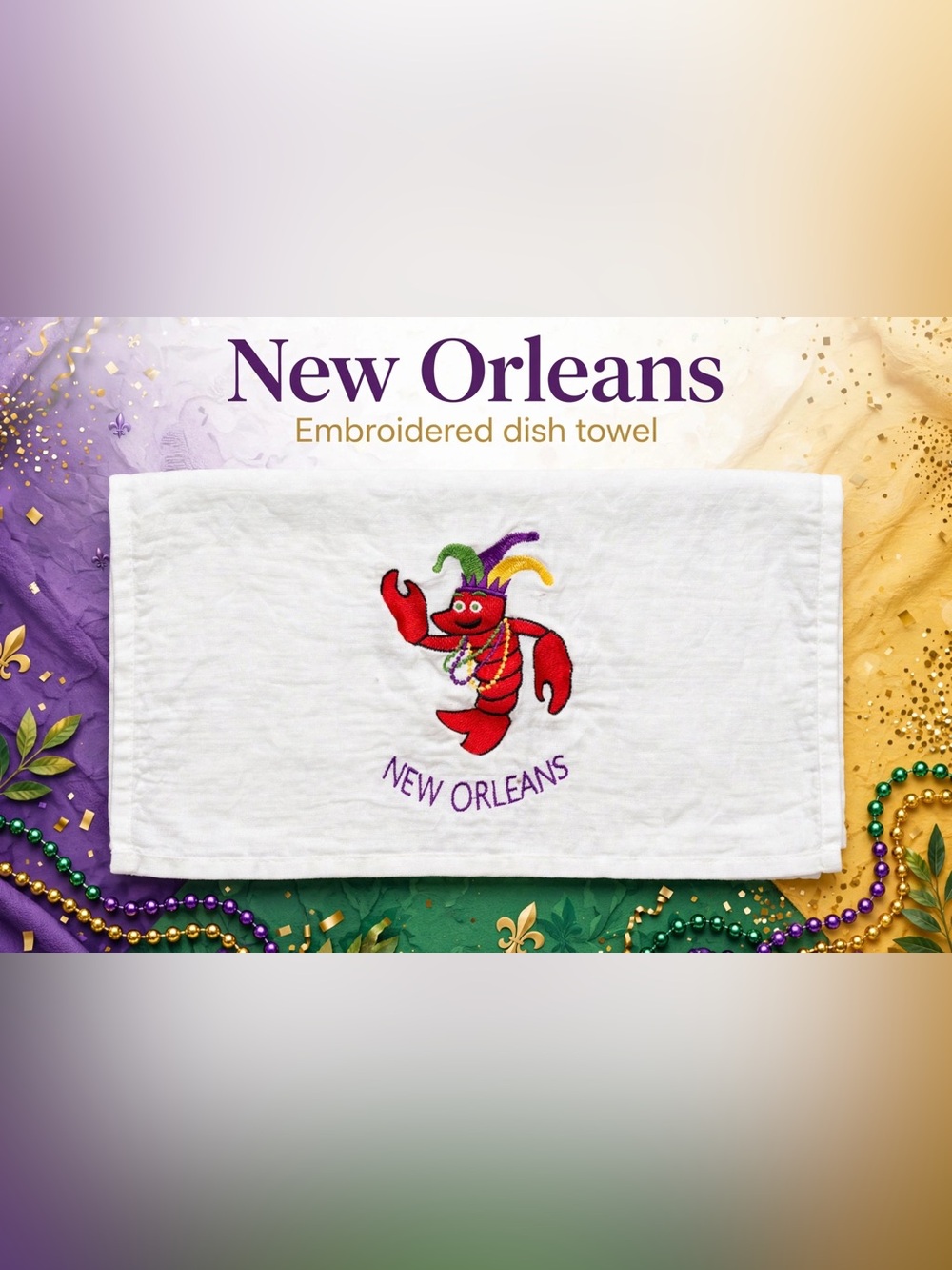 White New Orleans Embroidered Dish Towel with Red Crawfish